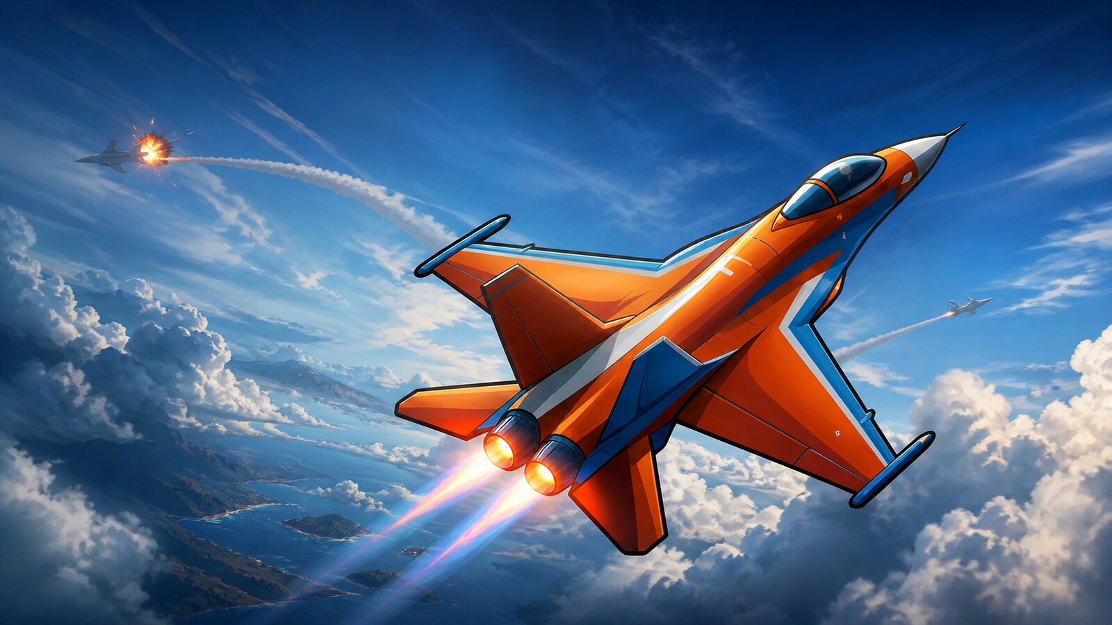 Orange Air Battle fighter jet above the clouds
